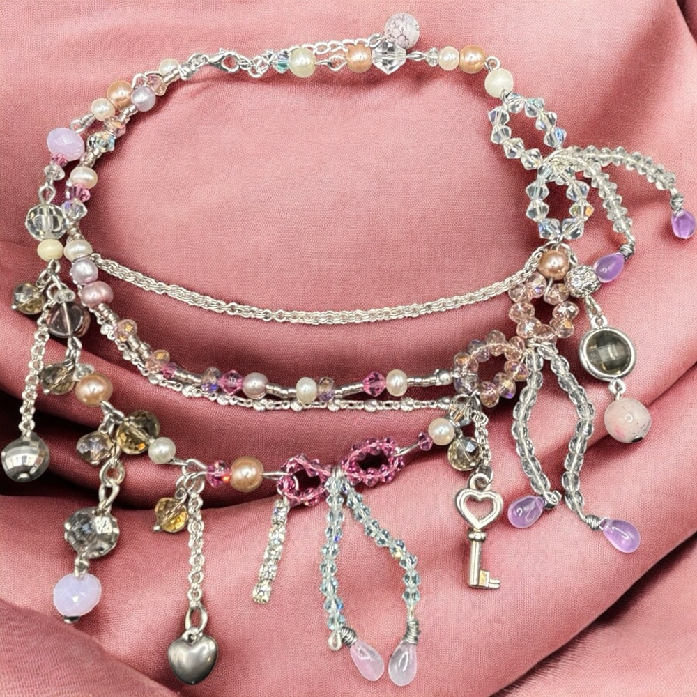Whimsical Ribbon & Beaded Charm Necklace with Upcycled Parts – One of a Kind